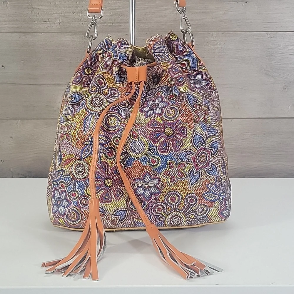 Innue Multicolor Floral Leather Drawstring Bucket Bag with Orange Trim